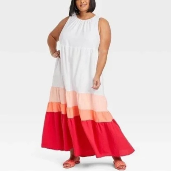 (2X)- Ava & Viv Women's Plus Size Sleeveless Colorblock Tiered Dress - Picture 1 of 9